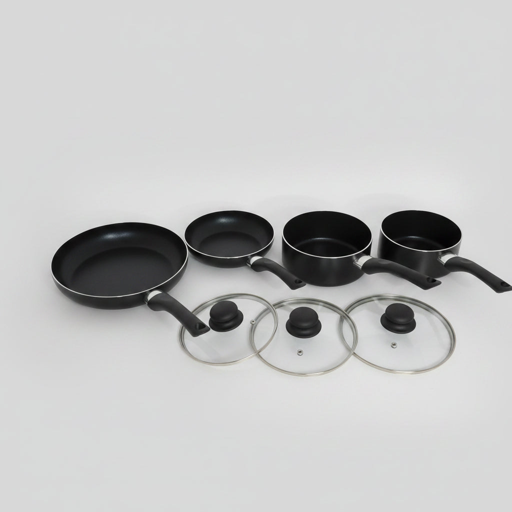 Bastic 7-Piece Cookware Set – 2 Frying Pans, 2 Saucepans, 3 Lids (non-induction)