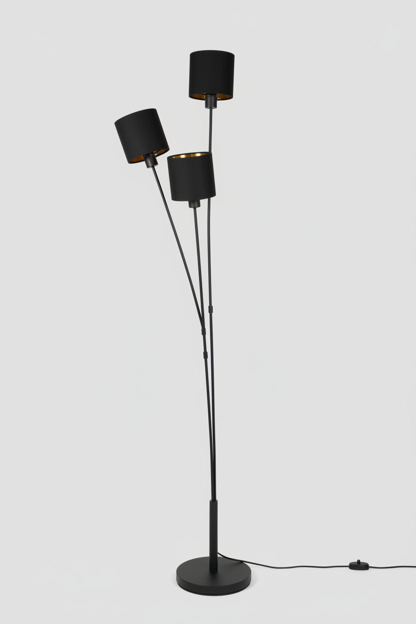 RL Three-Arm Floor Lamp – Black Lampshades with Gold Interior, 150 cm