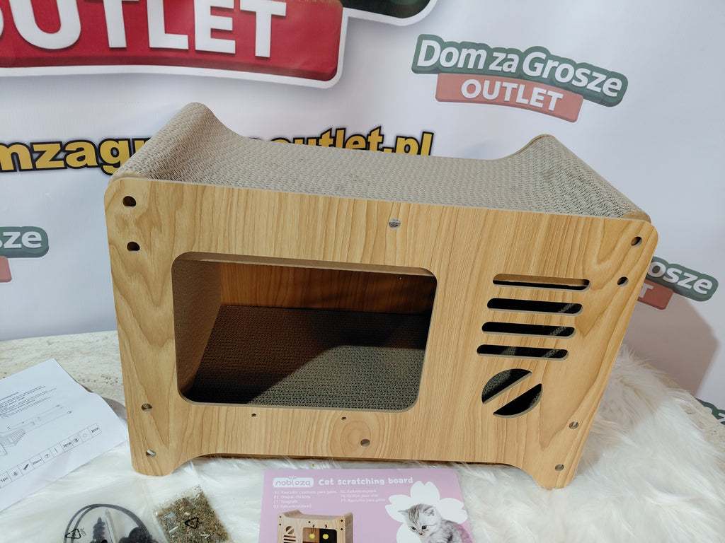 Wooden Cat Scratcher House Nobicza – hideaway + sisal + toys included 🐾