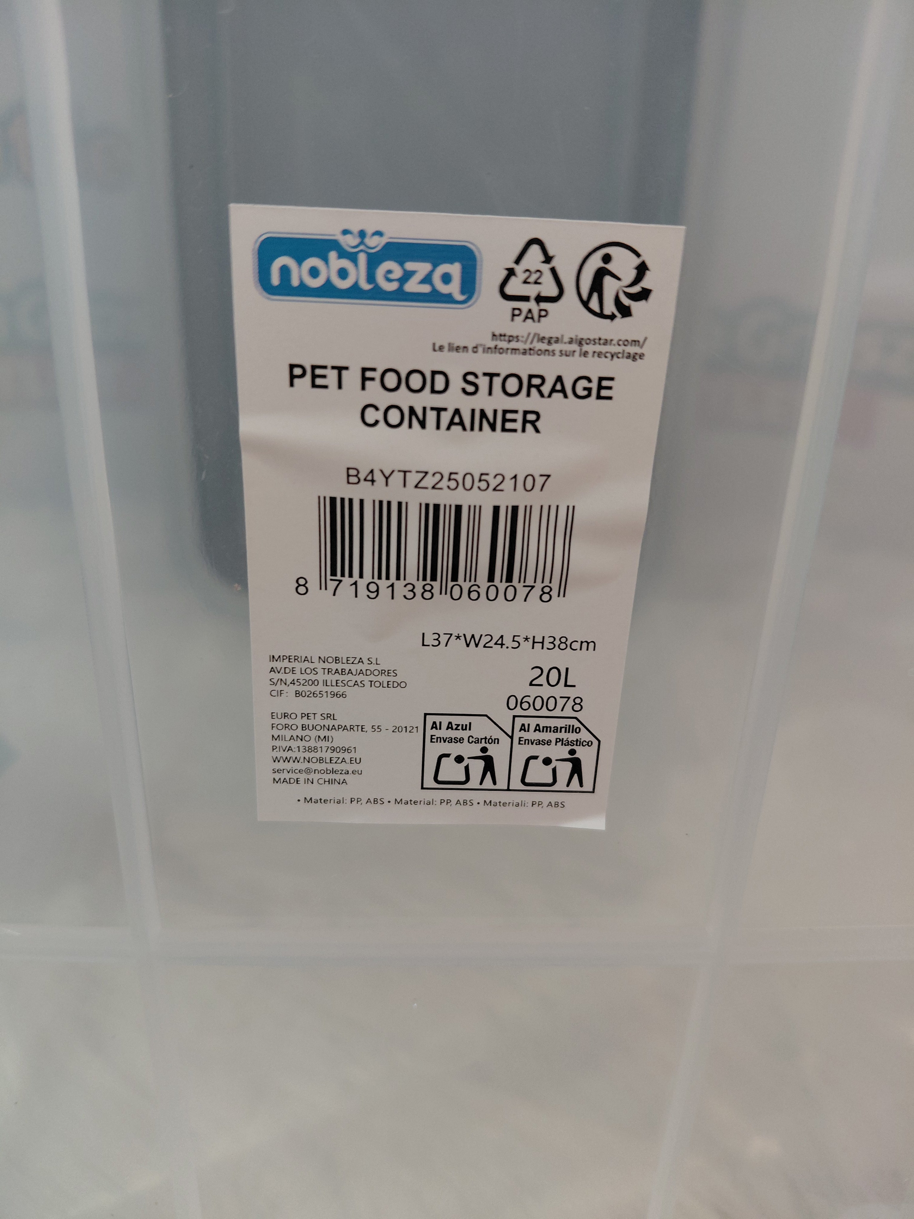 Nobleza Pojemnik na karmę dla psa i kota 20L - szczelny, z miarką i kółkami