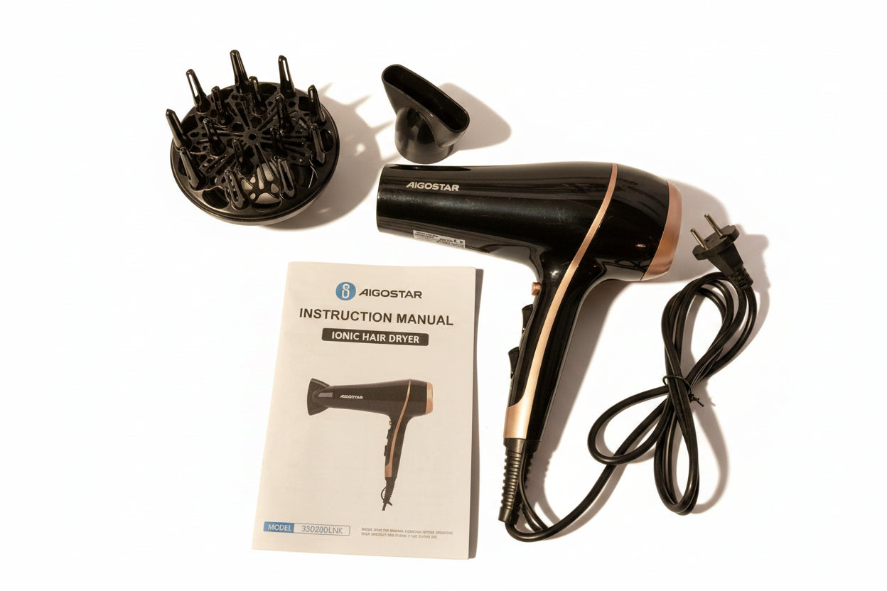 Aigostar Ionic Hair Dryer - diffuser + concentrator, black and gold ✨ shiny, frizz-free hair!
