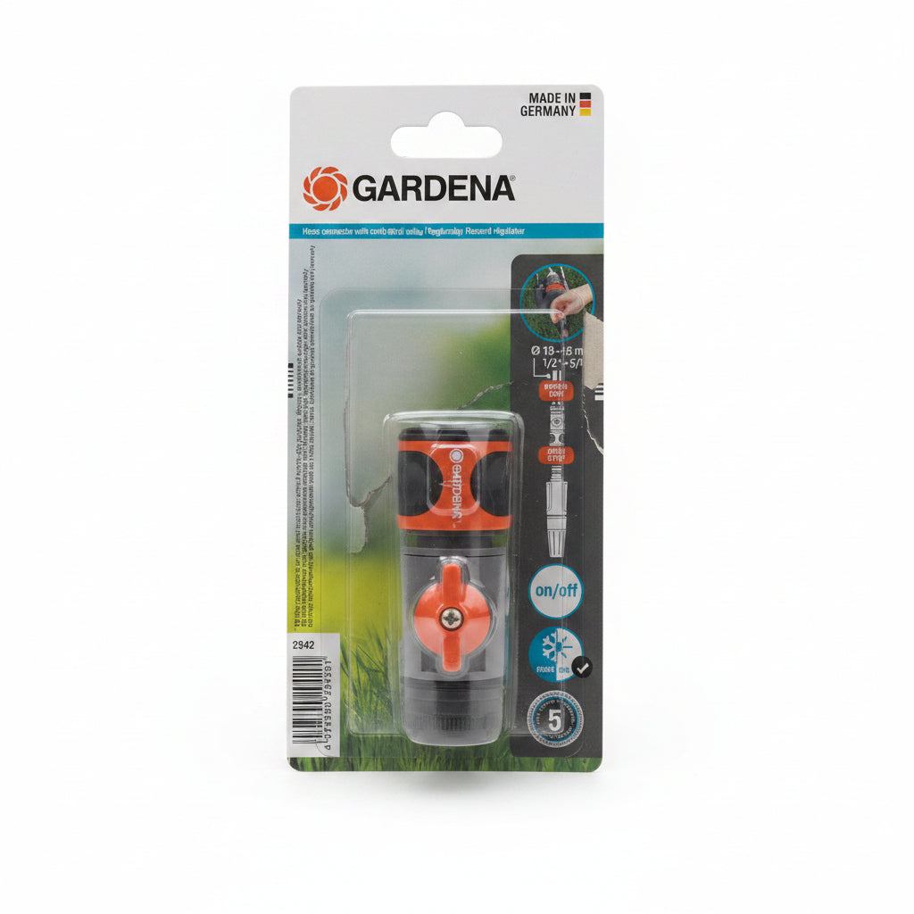 Gardena Art. 2942 Złączka do węża z zaworem regulacyjnym on/off Ø13-15mm (1/2"-5/8") Made in Germany