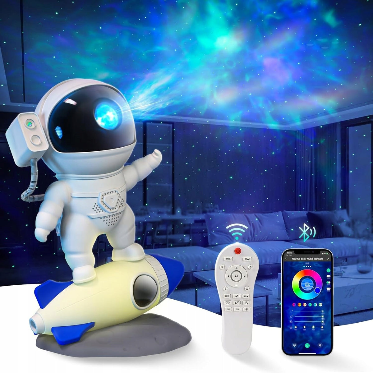 PROJEKTOR RZUTNIK GWIAZD ASTRONAUTA ROCKET BLUETOOTH GŁOŚNIK PILOT SMART