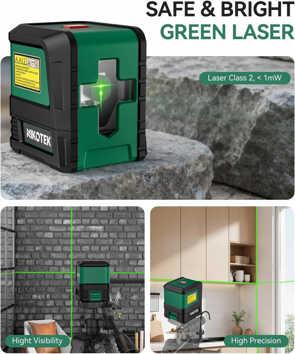 Laser krzyżowy NIKOTEK zielony, samopoziomujący – statyw 66 cm