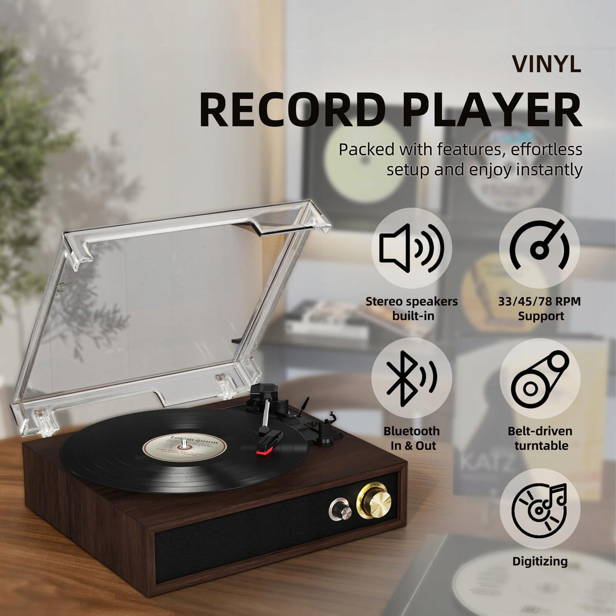 Gramofon FYDEE A9 z Bluetooth i wbudowanymi głośnikami – czarny orzech